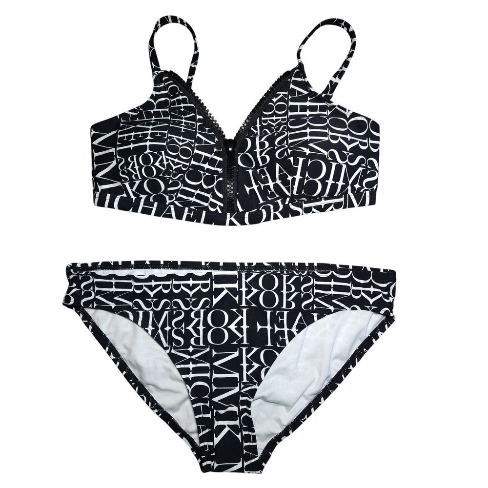 Michael Kors Women's 2 Piece Black and White Bathing Suit with Zipper top Size L